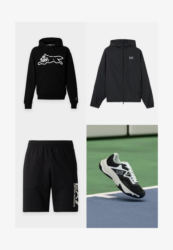 Giacca nera con cappuccio realizzata in tessuto leggero. Caratterizzata da polsini elasticizzati, zip frontale e logo stampato sul petto.; Felpa nera con cappuccio realizzata in morbido tessuto, caratterizzata da una grafica bianca di un gatto che salta, con tratti del viso esagerati e una tasca frontale.; EA7 Emporio Armani TRAIN VISIBILITY - Shorts - black/cream; Sneaker EA7 Emporio Armani in bianco e nero sospesa sopra le linee blu e verdi di un campo da tennis.