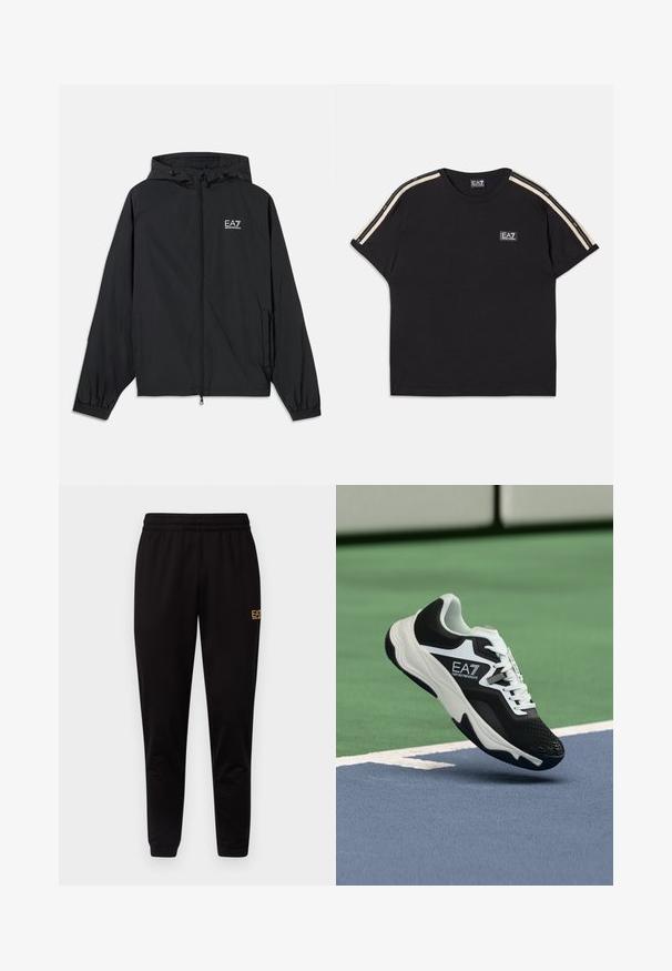 Casaco preto com capuz feito de tecido leve. Apresenta punhos elásticos, frente com fecho éclair e um logotipo impresso no peito.; T-shirt de algodão preto com mangas curtas. Apresenta riscas de contraste em tom areia nos ombros e um pequeno logótipo de marca no peito.; Calças de treino pretas com um cós elástico, punhos ajustados e um pequeno logótipo amarelo na parte superior da perna esquerda. Tecido suave e liso.; Ténis EA7 Emporio Armani a preto e branco suspenso acima das linhas azuis e verdes de um tribunal de ténis.