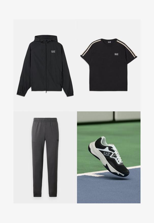 Crna kapuljača napravljena od lagane tkanine. Ima elastične manžete, zatvarač sprijeda i logo otisnut na prsima.; Crna pamučna majica s kratkim rukavima. Ima kontrastne bež pruge na ramenima i mali brendirani logo na prsima.; Sive donje trenirke od glatkog materijala, s elastičnom trakom oko struka i suženim nogavicama. Minimalno brendiranje sa strane.; Crno-bijela tenisica EA7 Emporio Armani koja se nalazi iznad plavih i zelenih linija teniskog terena.