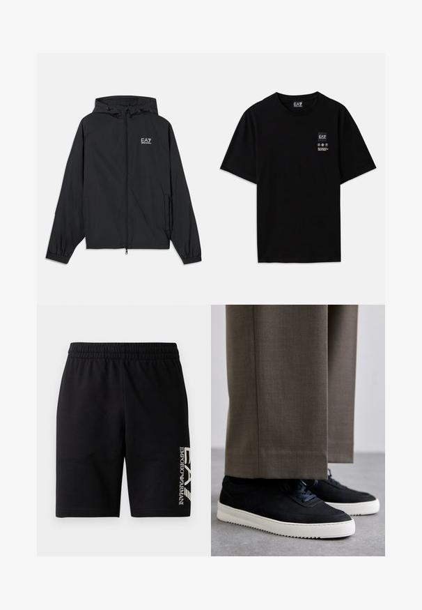 Crna kapuljača napravljena od lagane tkanine. Ima elastične manžete, zatvarač sprijeda i logo otisnut na prsima.; Crna pamučna majica s kratkim rukavima, okruglim izrezom i malom oznakom logotipa sprijeda koja sadrži simbole za njegu u bijeloj boji.; EA7 Emporio Armani TRAIN VISIBILITY - Kratke hlače - black/cream; Crne nubuk tenisice s bijelim gumenim potplatima, s zaobljenim vrhom i vezicama, uparene s sivim krojenim hlačama.