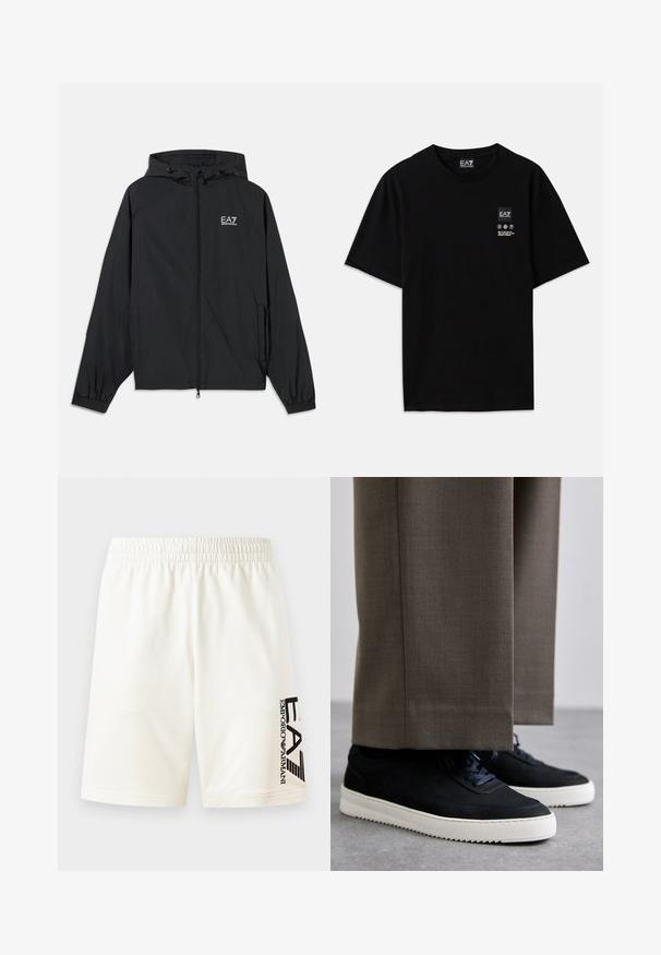 Svart hettejakke laget av lett materiale. Har elastiske mansjetter, glidelås foran, og et logo trykt på brystet.; Svart bomulls t-skjorte med kort erm, rund hals og et lite logo-merke foran med pleiesymboler i hvitt.; Hvite bomullsshorts med elastisk liv, med en svart logo trykt på venstre side. Rett snitt uten synlige mønstre.; Svarte suedeglans sneakers med hvite gummisåler, med rund tå og lisser, iført grå skreddersydde bukser.