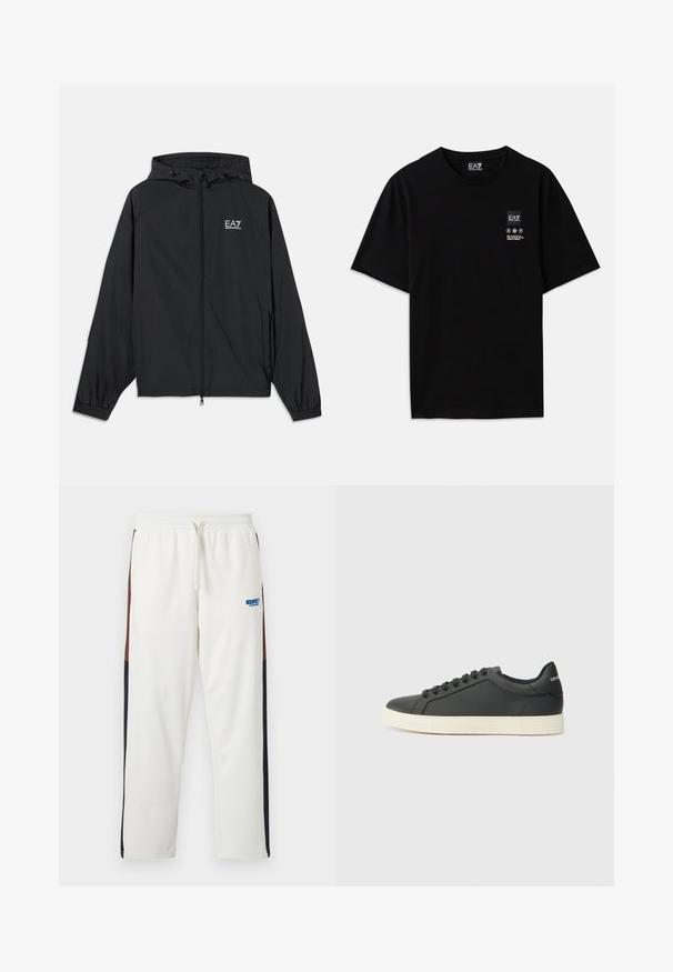 Čierna kapucňová bunda vyrobená z ľahkej tkaniny. Má elastické manžety, zips vpredu a logo potlačené na hrudi.; Čierne bavlnené tričko s krátkymi rukávmi, okrúhlym výstrihom a malou logom na prednej strane, ktorá obsahuje symboly starostlivosti v bielej farbe.; Biele teplákové nohavice s pásom na šnúrku, majú hnedé a tmavomodré bočné panely. Mäkká tkanina s modrým logom na ľavom stehne.; Čierne kožené tenisky s nízkym profilom, zaoblenou špičkou a šnurovaním; obsahujú textúrovanú gumovú podrážku a logo na päte.