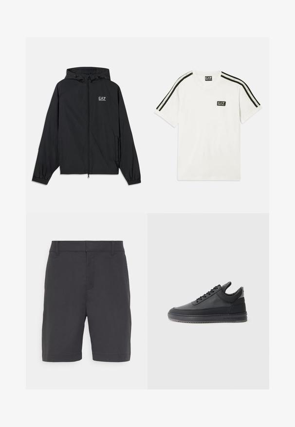 Casaco preto com capuz feito de tecido leve. Apresenta punhos elásticos, frente com fecho éclair e um logotipo impresso no peito.; T-shirt de algodão branca com decote redondo, mangas curtas, riscas pretas de destaque nos ombros e um pequeno logótipo EA7 no peito.; Calções cinza-escuro feitos de um tecido suave, com uma frente lisa, dois bolsos laterais e uma bainha que cai logo acima do joelho.; Sapatilhas de couro preto com uma superfície texturizada, design de atacadores, cano baixo, e uma sola de borracha cinza com uma borda estriada.