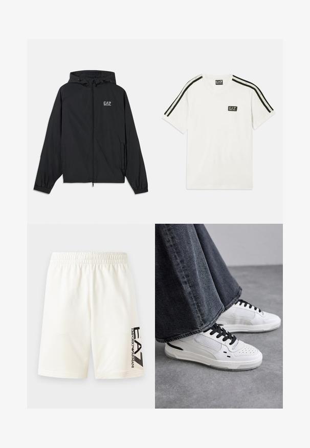 Black hooded jacket made of lightweight fabric. Features elastic cuffs, a zippered front, and a logo printed on the chest.; White cotton t-shirt featuring a round neckline, short sleeves, black accent stripes on the shoulders, and a small EA7 logo on the chest.; White cotton shorts with an elastic waistband, featuring a black logo printed on the left side. Straight cut with no visible patterns.; White sneakers with black laces and mesh detailing. Features a smooth leather upper and a textured rubber sole. Paired with wide-leg grey jeans.