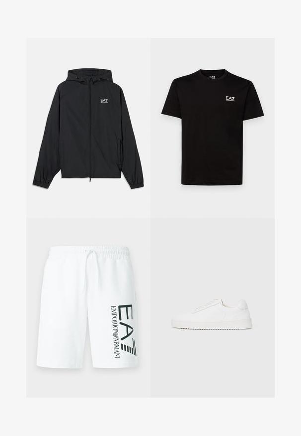 Must musta kapuutsiga jakk, mis on valmistatud kergetest materjalidest. Omab elastseid varrukaid, lukuga esist ning rinna peal on logo.; Must must t-särk ümara kaela, lühikeste varrukatega, musta värvi, vasakul rinnal väikese valge EA7 logoga. Sile tekstuur ja tavapärane lõike.; Valged puuvillased lühikesed püksid, millel on elastne vöökoht ja nöörkinnitused. Vasakul küljel on roheline trükitud logo "EA7 EMPORIO ARMANI".; Valge jooksutoss, millel on siledast nahast ülemine osa, ümmargune nina, paelad, tekstuuriga küljeaktsendid ja paks kummitald. Minimalistlik disain.