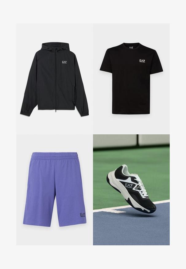 Casaco preto com capuz feito de tecido leve. Apresenta punhos elásticos, frente com fecho éclair e um logotipo impresso no peito.; T-shirt preta de algodão com decote redondo, mangas curtas e pequeno logótipo EA7 branco no lado esquerdo do peito. Textura suave e corte regular.; Calções de atletismo roxos, feitos de um tecido suave, com um cós elástico e um logo EA7 preto na parte inferior da perna esquerda.; Ténis EA7 Emporio Armani a preto e branco suspenso acima das linhas azuis e verdes de um tribunal de ténis.