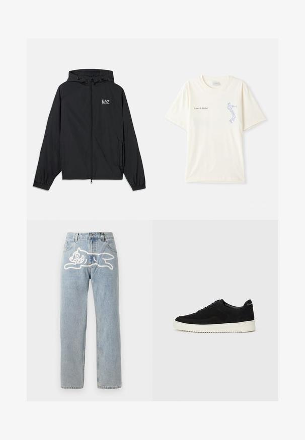 Svart hettejakke laget av lett materiale. Har elastiske mansjetter, glidelås foran, og et logo trykt på brystet.; Hvit bomull t-skjorte med korte ermer, med teksten "United By Rhythm" i svart og blå grafikk på brystet. Rund halsdesign.; Lys blå denim jeans med rett snitt, med et stort hvitt grafisk bilde av en katt på baksiden. Klassisk fem-lomme-design.; Svart semsket sneakers med snøring og kontrasterende hvit gummisåle. Har teksturerte sidepaneler og subtil merkevare på hælen.