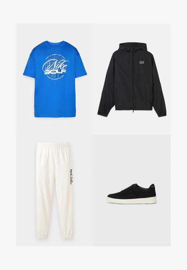 Casaco preto com capuz feito de tecido leve. Apresenta punhos elásticos, frente com fecho éclair e um logotipo impresso no peito.; T-shirt azul de manga curta feito de algodão, apresentando uma grande gráfica branca que inclui "Nike Golf" e texto dentro de um círculo pontilhado.; Calças de treino beje claro com cintura elástica e punhos elásticos. Apresenta um logo preto impresso na perna esquerda. Tecido com textura suave.; Sapatilhas de camurça pretas com design de atacadores e sola de borracha branca em contraste. Apresenta painéis laterais texturizados e uma marcação discreta no calcanhar.