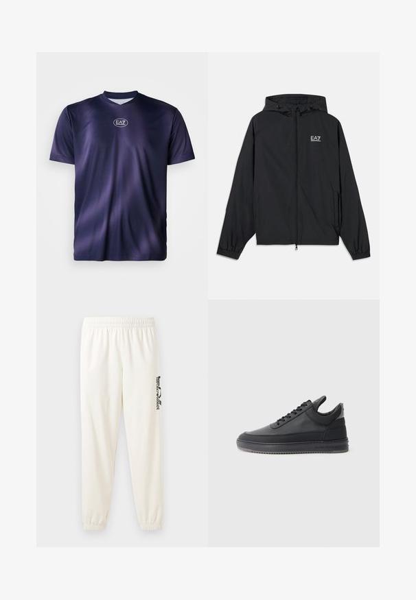 Čierna kapucňová bunda vyrobená z ľahkej tkaniny. Má elastické manžety, zips vpredu a logo potlačené na hrudi.; Námornícky modré tričko s krátkym rukávom z hladkej tkaniny, s okrúhlym výstrihom a logom EA7 na hrudi. Jednoduchý, ľahký dizajn s jemným leskom.; Svetlo béžové tepláky s elastickým pásom a elastickými manžetami. Na ľavej nohe sa nachádza čierny potlačený logo. Mäkká textúra látky.; Čierne kožené tenisky s textúrovaným povrchom, viazacím dizajnom, nízkym strihom a šedou gumovou podrážkou s drážkovaným okrajom.