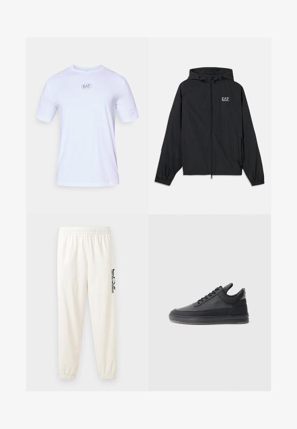Svart hettejakke laget av lett materiale. Har elastiske mansjetter, glidelås foran, og et logo trykt på brystet.; Hvit kortermet treningsskjorte laget av lett, pustende mesh-stoff. Har rund hals og en sirkulær EA7-logo på brystet.; Lys beige joggebukser med elastisk midjebånd og elastiske mansjetter. Har en svart trykt logo på venstre ben. Myk stoffkvalitet.; svarte lær sneakers med en teksturert overflate, snøring, lav topp, og en grå gummi såle med en ribbet kant.