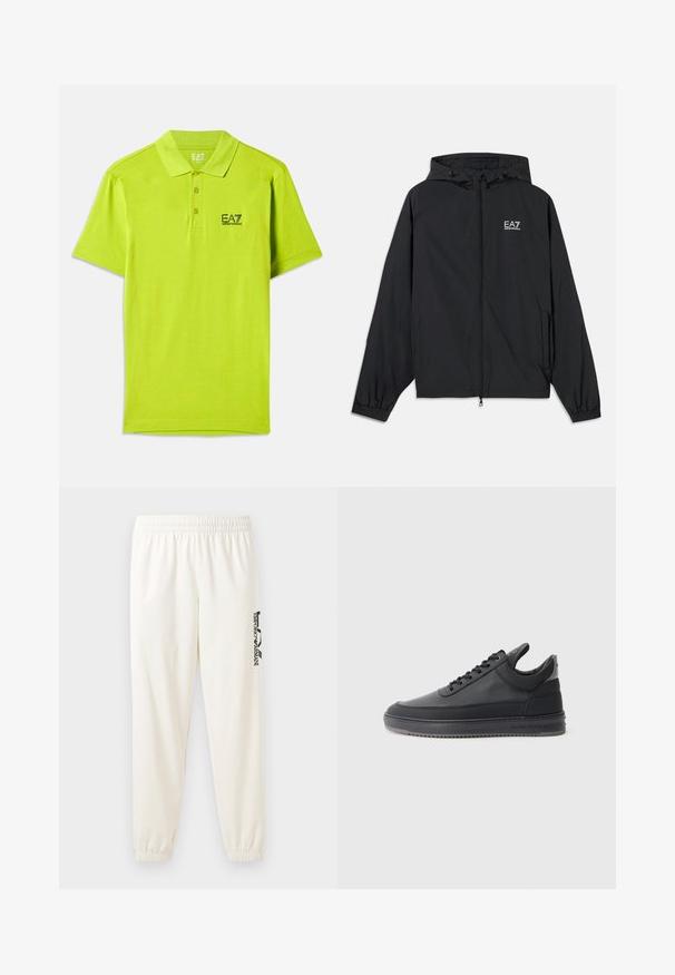 Juodas gobtuvėlis, pagamintas iš lengvos medžiagos. Turi elastinius rankogalius, užtrauktuką priekyje ir logotipą ant krūtinės.; Ryškiai žalia polo marškinėliai, pagaminti iš minkštos medžiagos, su klasikine apykakle, trimis mygtukų užtrauktuku ir juodu EA7 logotipu ant krūtinės.; Šviesiai smėlinės spalvos sportinės kelnės su elastine juosta ir elastiniais rankogaliais. Kairėje kojoje yra juodai spausdintas logotipas. Minkšta audinio tekstūra.; Juodos odinės sportbačiai su tekstūruotu paviršiumi, su raišteliais, žemu kraštu ir pilku guminio pado kraštu su grioveliais.