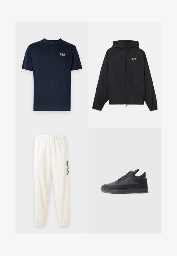 Casaco preto com capuz feito de tecido leve. Apresenta punhos elásticos, frente com fecho éclair e um logotipo impresso no peito.; T-shirt de algodão azul marinho com mangas curtas, decote redondo e logótipo EA7 no lado superior esquerdo em branco. Textura suave, design casual.; Calças de treino beje claro com cintura elástica e punhos elásticos. Apresenta um logo preto impresso na perna esquerda. Tecido com textura suave.; Sapatilhas de couro preto com uma superfície texturizada, design de atacadores, cano baixo, e uma sola de borracha cinza com uma borda estriada.