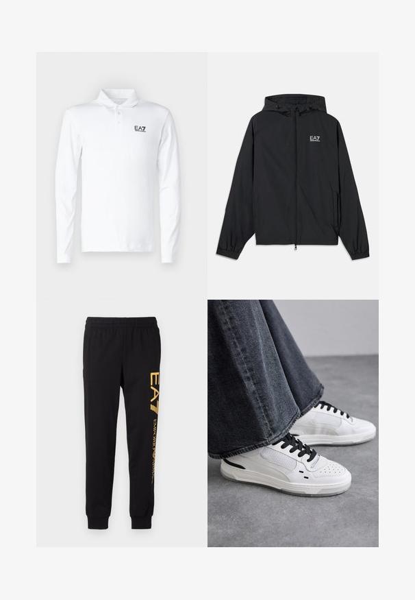 Must musta kapuutsiga jakk, mis on valmistatud kergetest materjalidest. Omab elastseid varrukaid, lukuga esist ning rinna peal on logo.; Valge pika varrukaga polo särk, mis on valmistatud puuvillast, klassikalise krae, kolme nööbiga ja musta EA7 logoga rinnaosas.; Mustad mustad, pehmest kangast, elastse vöökoha ja mansettidega. Vasakul säärel on vertikaalselt prinditud kollane bränd.; Valged sneakerid mustade paelte ja võrgukaunistustega. Omavad siledat nahast ülemist osa ja tekstureeritud kummist tallat. Kombineeritud laiade hallide teksadega.