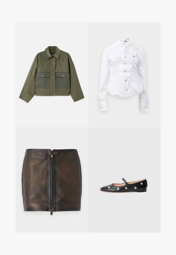 Olívazöld, galléros pamutdzseki, gombos elülső résszel és két nagy elülső zsebbel, amelyeknek fedélzárása van.; Fehér, hosszú ujjú ing, karcsú szabással. Nagy gallérral, elöl barna gombos záródással, és egy kis hímzett logóval rendelkezik.; Fekete bőr mini szoknya elől cipzárral, sima textura és keskeny derékrész. Egy kis fém dísz is található a derékrészen.; Fekete bőr Mary Jane lapossarkú cipő, lekerekített orral, ezüst színű kör alakú szegecsekkel és állítható pánttal, csattal.