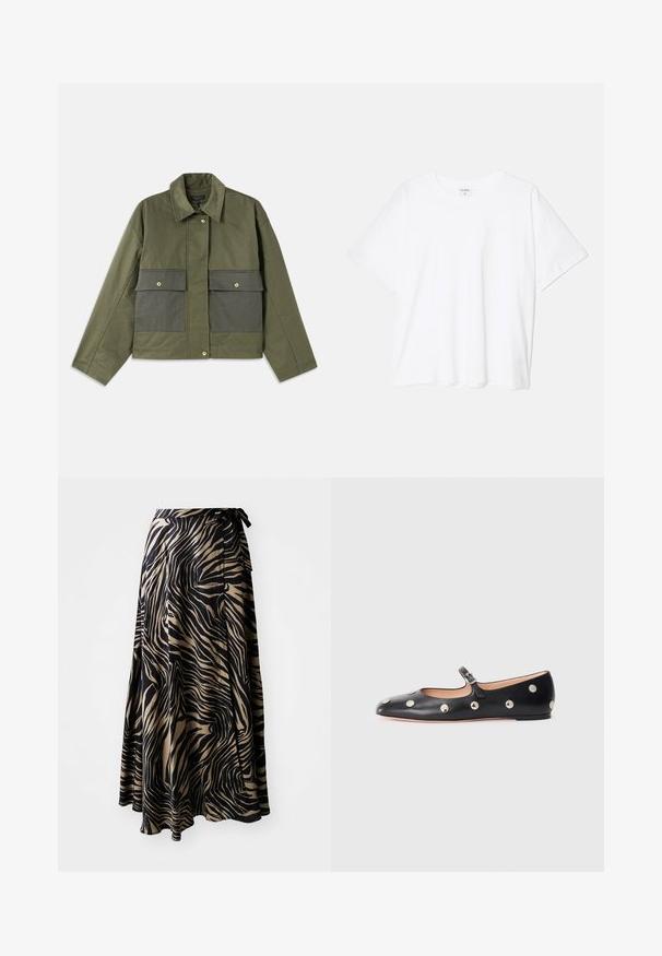 Giacca verde oliva in cotone con colletto, chiusura a bottoni e due grandi tasche frontali con patta.; T-shirt bianco in cotone con maniche corte, scollo rotondo, vestibilità comoda e orlo cucito. Etichetta visibile all'interno del colletto.; Gonna avvolgente in stampa zebra nera e beige. Realizzata in tessuto leggero con un design fluido, presenta una vita con fiocco e un orlo asimmetrico.; Scarpa flat nera in pelle tipo Mary Jane con punta arrotondata, caratterizzata da borchie circolari argentate e una fascia regolabile con fibbia.