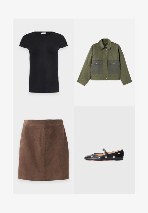 Oljčno zelena jakna iz bombaža s kakršnimkoli ovratnikom, sprednjim gumbom in dvema velikima sprednjima žepoma z zaponkami.; Črna rebrasta majica s kratkimi rokavi in okroglo ovratnikom. Mehka tkanina s prilegnjenim krojem, ki ima etiketo na vratu.; Rjava semiš krila z gladko teksturo, A-linijsko obliko in preprostim pasom. Šivi se vodoravno razvijajo navzdol po hrbtu.; Črne usnjene Mary Jane balerinke z zaobljenim noskom, opremljene z zlatimi krožnimi mošnjo in nastavljivim trakom z zaponko.
