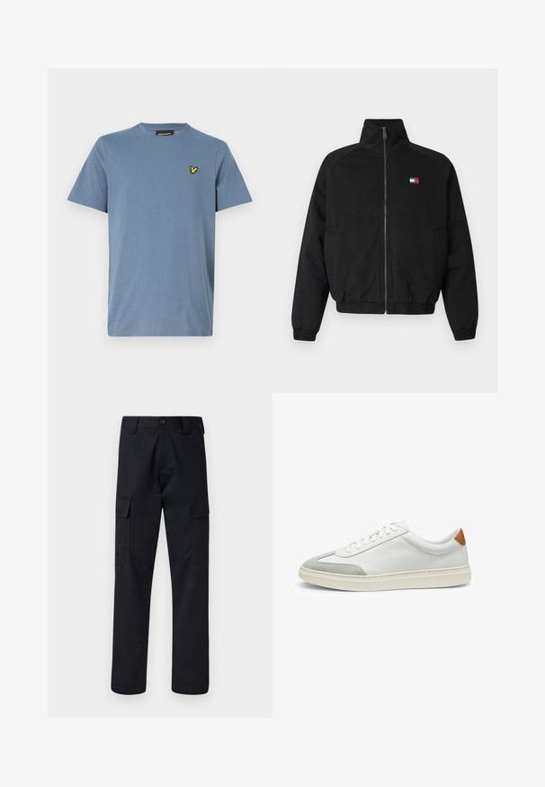 Black bomber jacket with high collar, front zipper, elasticized cuffs and hem, featuring a small logo in red, white, and blue on the chest.; Lyle & Scott Basic T-shirt - mist blue; Black cargo pants made of sturdy fabric, featuring a straight-leg cut, two side pockets, and a button closure at the waistband.; White leather sneakers with gray suede accents and a tan leather heel tab. Features a textured surface and lightweight sole.