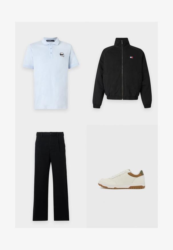 Fekete bomberdzseki magas gallérral, elülső cipzárral, rugalmas mandzsettákkal és aljjal, kis piros, fehér és kék logóval a mellkasán.; Fehér, rövid ujjú pólóing három gombbal, a bal mellrészen egy kis fekete-fehér karikatúra arc látható napszemüvegben.; Fekete, pamutból készült nyírt nadrág; lapos elülső rész, látható varrások, és egyenes szárú fazon jellemzi. Gombos záródás a derékrészen.; Tommy Hilfiger BASKET CORE - Sportcipő - ecru/army green