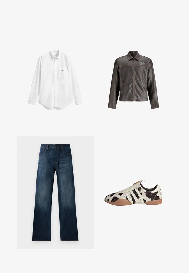 Brown leather jacket with a collar, front zipper, and two side pockets. Features contrast stitching and "DON'T HARD" embroidery on the chest.; White button-up shirt, long sleeves, soft cotton fabric, curved hem, single chest pocket, small logo on pocket, standard collar design.; Dark blue denim jeans with a straight-leg design, featuring a lightweight texture, belt loops, and a classic five-pocket style.; White and black patterned leather shoes with a textured finish, featuring three white horizontal stripes and a brown rubber sole.