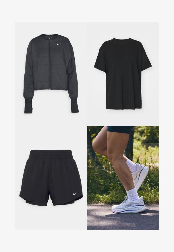 Jachetă puffer neagră scurtă, cu guler înalt, fermoar frontal și mâneci lungi. Prezintă o textură cusută și un logo mic alb pe piept.; Tricou negru cu mânecă scurtă, fabricat dintr-un material neted, cu guler rotund și croială lejeră. Dispune de fante laterale pentru un plus de confort și respirație.; Shorts atletici negri cu un talie elastică strânsă, căptușeală interioară și logo-ul alb Nike în partea stângă jos. Material neted și ușor.; Pantof cu adidas alb cu talpă groasă, având accente în nuanțe pastel și detalii din plasă. Se asortează cu șosete albe și o picior bronzat în aer liber.