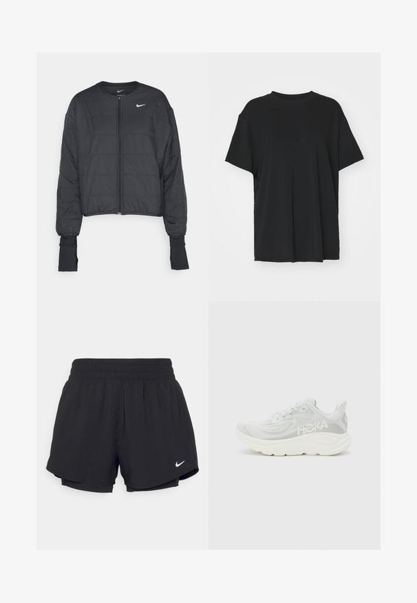 Chaqueta puffer corta negra con cuello alto, cremallera frontal y mangas largas. Cuenta con textura acolchada y un pequeño logo blanco en el pecho.; Camiseta negra de manga corta hecha de tejido suave, con cuello redondo y corte holgado. Presenta aberturas laterales para mayor comodidad y transpirabilidad.; Pantalones cortos deportivos negros con cintura elástica fruncida, forro interior y logo blanco de Nike en la parte inferior izquierda. Tejido suave y ligero.; Zapatilla de running ligera en malla blanca y gris claro, con una suela gruesa y acolchada y un logo lateral. Diseño minimalista con tela texturizada.