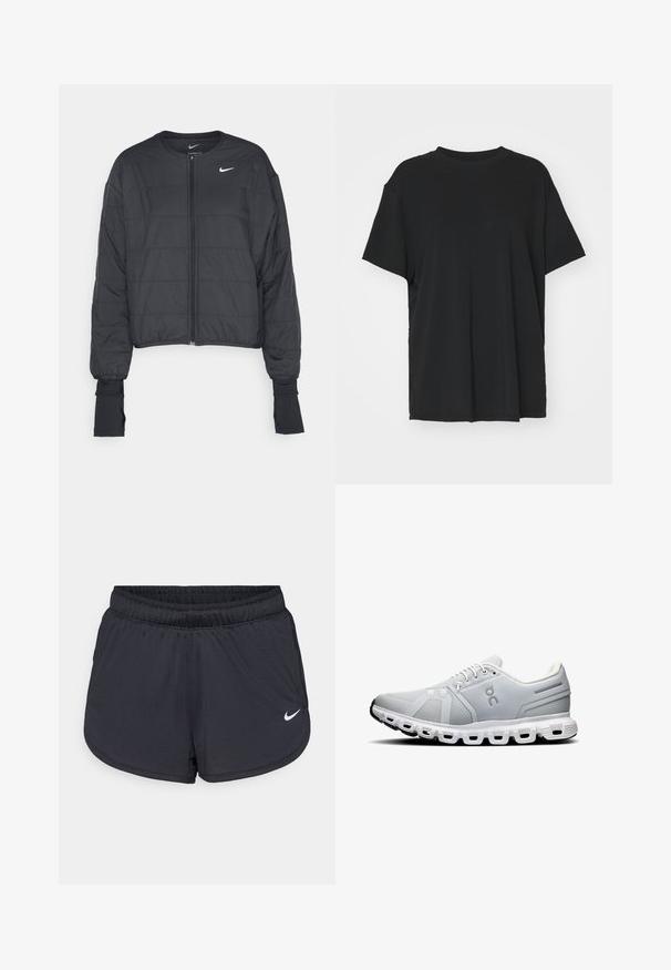 Zwart cropped pufferjack met een hoge kraag, ritssluiting aan de voorkant en lange mouwen. Kenmerkt zich door de gequilte textuur en een klein wit logo op de borst.; Zwarte korte mouwen t-shirt van soepel stof, met een ronde hals en een losse pasvorm. Heeft zij-splitten voor extra comfort en ademend vermogen.; Zwarte sportieve shorts met een elastische tailleband, een sportief ontwerp en een wit Nike-logo aan de voorkant onderaan. Getextureerde stof.; Lichtgrijze sportchoenen met een bovenwerk van mesh, witte veters en een segmentzool in het wit. Bevat een logo en subtiele ontwerplijnen aan de zijkanten.