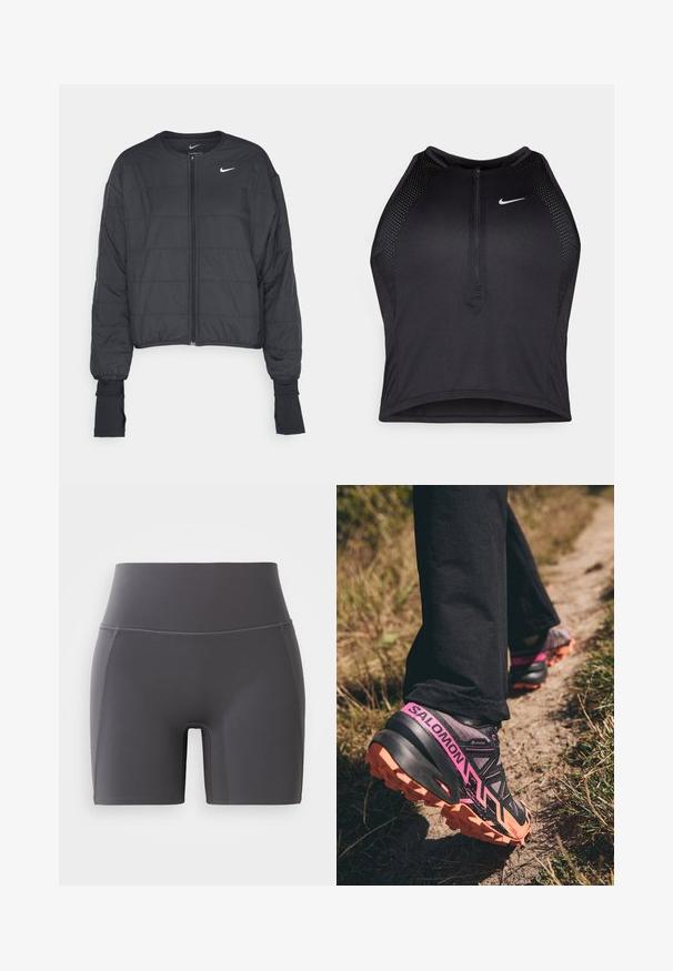 Must pilootud puffer jakk kõrge kraega, ees lukuga ja pikkade varrukatega. Omab tikkitud tekstuuri ja väikest valget logo rinnal.; Must negra spordiline crop top, millel on lukk ees, võrgukangast detailid ja vormiv disain. Valmistatud venivast ja hingavast kangast. Nike logo ees.; Hallid hallid spordilühikesed püksid, kõrge vöökoht, valmistatud siledast ja venivast kangast. Omavad lamedaid õmblusi ja sobivat disaini.; Salomon SPEEDCROSS 6 GTX - Metsajooksu tossud - moonscape/black/bird of paradise