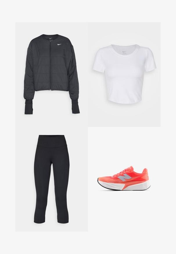 Crna skraćena puffer jakna s visokim ovratnikom, prednjim zatvaračem i dugim rukavima. Ima kvadratnu teksturu i mali bijeli logo na prsima.; Bijela, kratkotrajna majica s kratkim rukavima izrađena od glatkog sintetičkog materijala. Ima okrugli izrez i Nike logo unutar ovratnika.; Crne skraćene tajice od rastezljivog materijala, s visokim strukom i glatkom teksturom, bez vidljivih uzoraka ili dodataka.; Lagana trkačka cipela u svijetloj koralnoj boji s gornjim dijelom od mrežastog materijala i srebrnim logotipom. Izrazito teksturirani bijeli međuslojevi i crna gumena potplata.