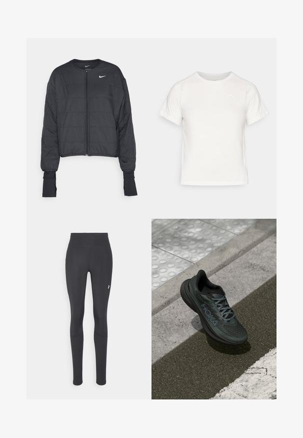 Černá zkrácená péřová bunda s vysokým límcem, předním zipem a dlouhými rukávy. Má prošívanou texturu a malé bílé logo na hrudi.; Lehká bílá tričko s krátkými rukávy, kulatým výstřihem a malým logem v levém horním rohu. Hladká tkanina s jemným leskem.; Černé legíny s vysokým pasem, vyrobené z elastického materiálu. Obsahují malé bílé logo v dolním pravém rohu a švy pro strukturu.; Černá běžecká bota s síťovaným svrškem, texturovanými akcenty a logem, s polstrovanou podrážkou a šedými tkaničkami, umístěná na chodníku.