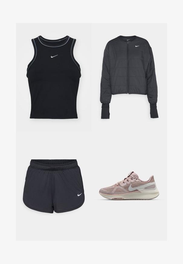Must pilootud puffer jakk kõrge kraega, ees lukuga ja pikkade varrukatega. Omab tikkitud tekstuuri ja väikest valget logo rinnal.; Mustmust mustreening tank top, mis smooth kangast. Omab el ümar ümmargune kaelus halli niidiga ja väike hõbedane Nikei logo ees.; Mustad sportlikud lühikesed püksid elastse vöökohaga, millel on spordilik disain ja valge Nike logo alumisel esiküljel. Kootud kangas.; Nike jooksujalats kerge roosa ja halli võrkkattinguga, millel on pehme tald ja ümar varvaste disain. Esiletõstetud Swoosh logo.