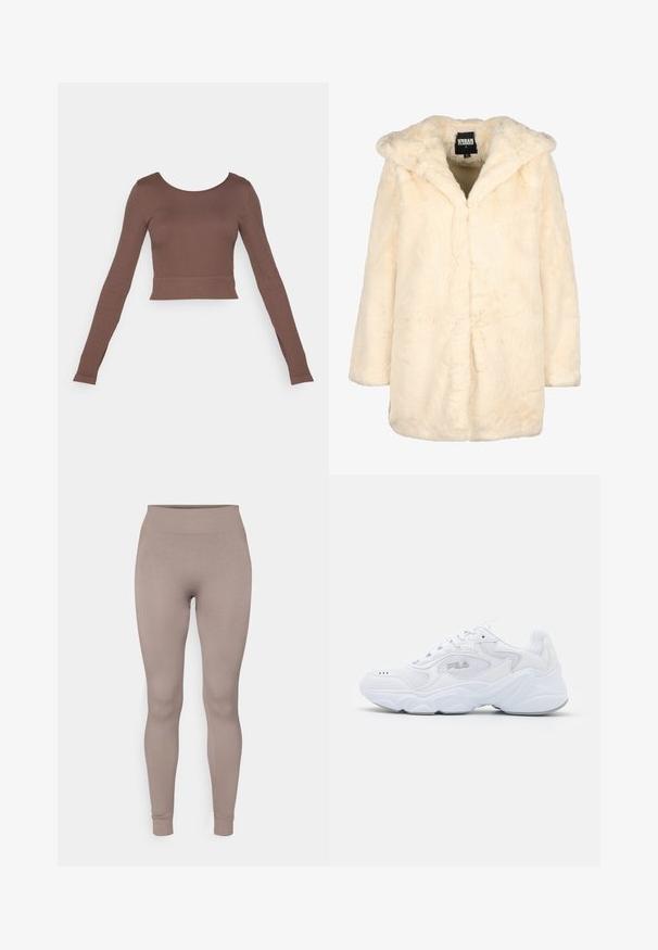 Krämfärgad fuskpälsjacka med huva, som har en avslappnad passform, långa ärmar och en dold framknäppning för ett minimalistiskt utseende. Mjuk textur.; Krämfärgad tröja med svarta horisontella ränder, halvmångzip-neklinje och ribbade muddar, kombinerad med ljusblå jeans.; Brun långärmad croptopp i ribbat tyg, med rund halsringning och figurnära silhuett, med en ren nederkant och sömlösa muddarna.; Ribbade leggings i en mjuk taupe-färg, med hög midja, smal passform och avsmalnande anklar. Tillverkade av ett texturerat, stretchigt tyg.; Vita idrottssko med ett texturerat mesh-övre, vadderad krage och kraftig sula. Har en logotyp på sidan och snörning.
