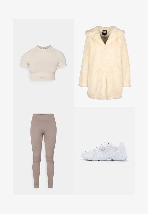 Kremkrāsas mākslīgā kažokāda ar kapuci, relaksēta piegriezuma, garām piedurknēm un slēptu priekšējo aizdari minimālisma stilā. Mīksta tekstūra.; Kremkrāsas džemperis ar melniem horizontālajiem svītrām, pus-zips apkakle un ribota piedurkne, apvienots ar gaiši ziliem džinsiem.; Bēša ribota īsa blūze ar īsām piedurknēm un noapaļotu kakla izgriezumu, ar mazu logotipa birku apakšmalā. Gluda tekstūra, piegulošs dizains.; Ribotas legingi maigos taupe krāsā, ar augstu jostu, piegulošu piegriezumu un sašaurinātiem potītes galiem. Izgatavoti no teksturēta, elastīga auduma.; Baltā sportiskā apava ar struktūrētu tekstila virsu, mīkstu apkakli un masīvu zoli. Iezīmēta ar logotipu sānos un auklām.