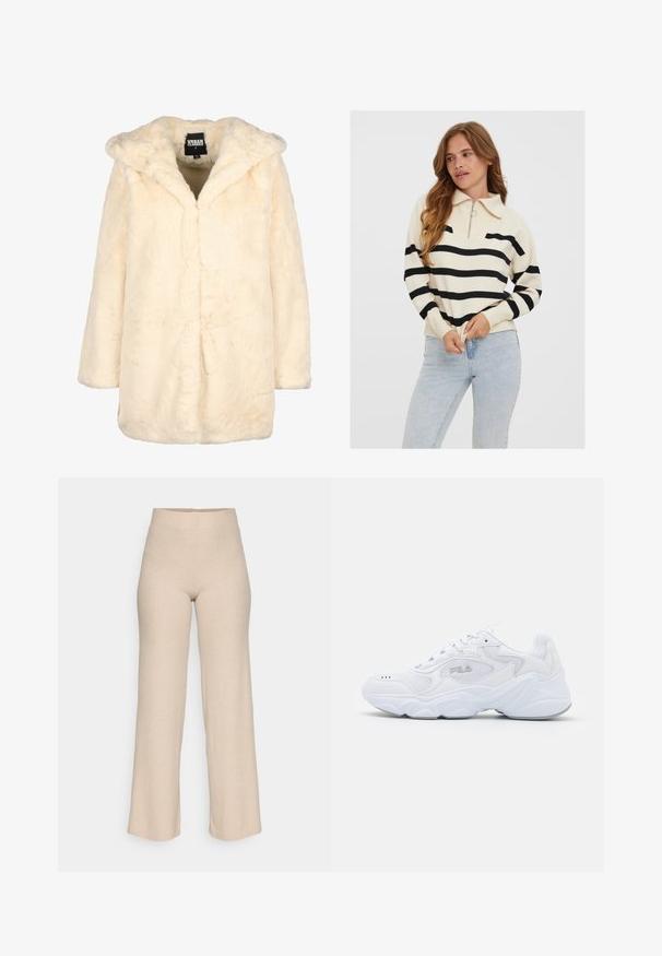 Cream faux fur coat with a hood, featuring a relaxed fit, long sleeves, and a hidden front closure for minimal lines. Soft texture.; Cream-colored sweater with black horizontal stripes, half-zip neckline, and ribbed cuffs, paired with light blue jeans.; Beige ribbed knit pants with a high waist and wide legs, displayed against a white background.; White athletic shoe with a textured mesh upper, padded collar, and chunky sole. Features a logo on the side and lace-up closure.