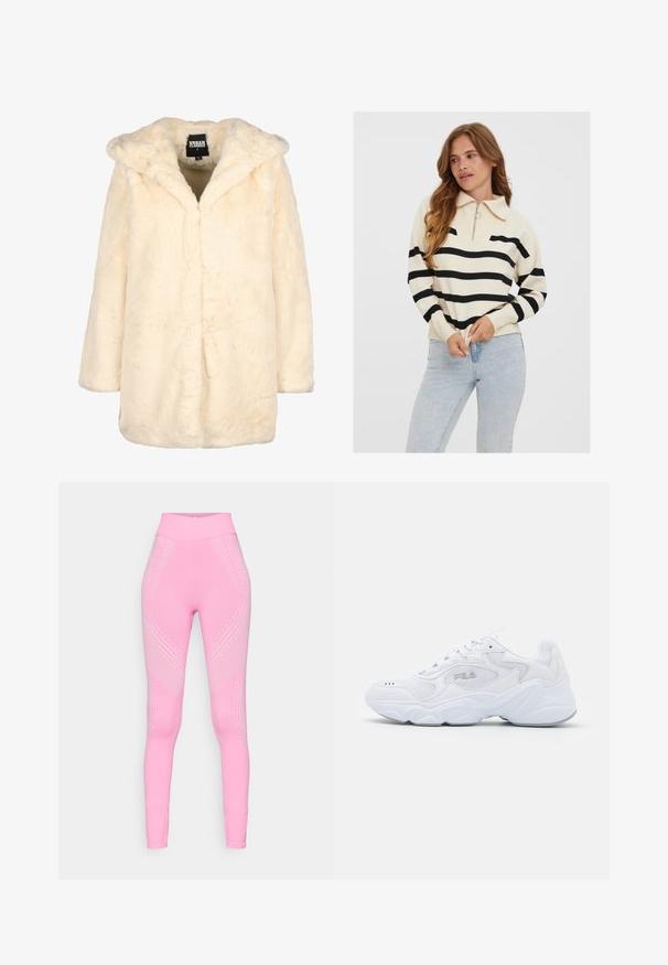 Cremefarvet faux fur frakke med hætte, der har en afslappet pasform, lange ærmer og en skjult lukning foran for et minimalistisk udtryk. Blød tekstur.; Cremefarvet sweater med sorte vandrette striber, halv-lynlås halsudskæring og ribbede manchetter, parret med lyseblå jeans.; Rosa atletiske leggings med høj talje, der har subtile bølgeformer og prikkede accenter langs siderne. Blødt, strækbart stof.; Hvide atletiske sko med en struktureret mesh-overdel, polstret krave og kraftig sål. Har et logo på siden og snørebåndslukning.