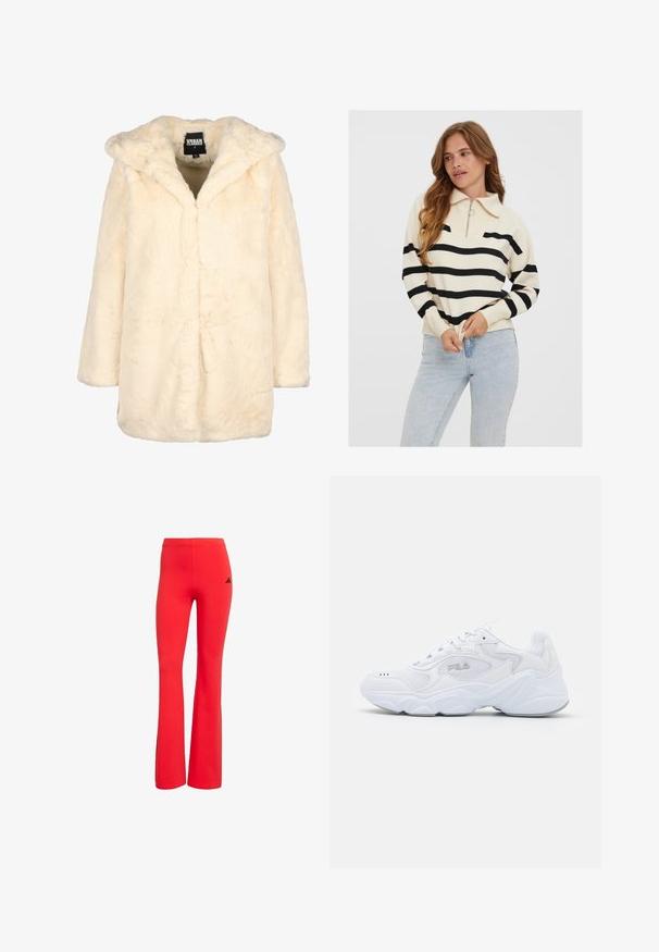 Kreemi teintine karvane mantel koos kapuutsiga, millel on lõdvene lõige, pikad varrukad ja peidetud esikinnitus, mis loob minimaalsed jooned. Pehme tekstuur.; Kermavaale sierkko mustilla vaakasuorilla raidoilla, puolivetoketjukaulus ja ribbed hihansuut, yhdistettynä vaaleansinisiin farkkuihin.; Punaiset leveäpohjaiset legginsit, jotka on valmistettu joustavasta kankaasta. Niissä on musta Adidas-logo takana, ja ne tarjoavat sileän tekstuurin sekä tiukan siluetin.; Valkoinen urheilukenkä, jossa on teksturoitu verkkokangasyläosa, pehmustettu nilkkaosa ja paksu pohja. Sivussa on logo ja kengässä on nauhakiinnitys.