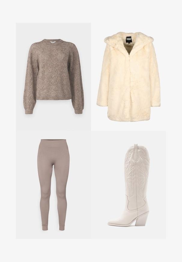 Krém színű műszőrme kabát kapucnival, laza fazonnal, hosszú ujjal és rejtett elülső záródással a letisztult vonalakért. Puha tapintású.; Hosszú ujjú, könnyű pulóver bézs-barna színben. Texturált mintával rendelkezik, kerek nyakkivágással és bordás mandzsettákkal, valamint szegéllyel.; Ráncos leggings puha taupe színben, magas derékkal, karcsú szabással és beszűkült bokákkal. Texturált, rugalmas anyagból készült.; Fehér bőrcipő, hegyes orral és tömbsarkal. Bonyolult varrásmintákkal díszített szár és sima textúra jellemzi.