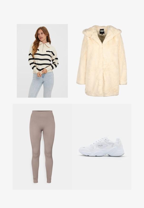 Crème faux fur jas met capuchon, met een ontspannen pasvorm, lange mouwen en een verborgen sluiting aan de voorkant voor een minimalistisch uiterlijk. Zachte textuur.; Crème-kleurige trui met zwarte horizontale strepen, halflange ritskraag en geribde manchetten, gecombineerd met lichtblauwe jeans.; Geribbelde leggings in een zachte taupe kleur, met een hoge tailleband, slim fit en tapse enkels. Gemaakt van een textiel met structuur en rekbaarheid.; Witte sportschoen met een gemêleerde mesh bovenzijde, gewatteerde kraag en dikke zool. Voorzien van een logo op de zijkant en vetersluiting.