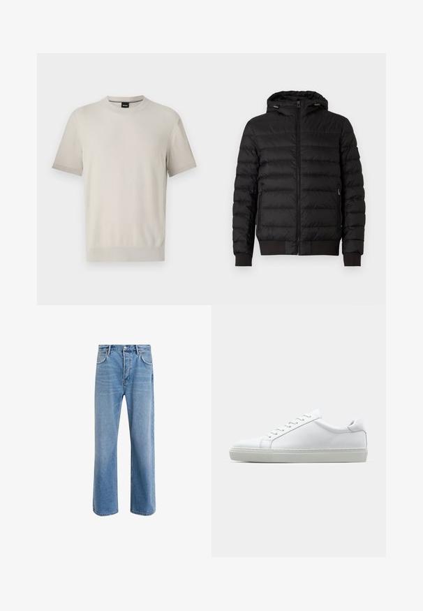 Zwart gewatteerd pufferjack met capuchon, volledige rits aan de voorkant, ritszakken aan de zijkanten en ribgebreide manchetten en onderrand.; Lichtbeige gebreide pullover met een kwart rits, ribbelkraag, manchetten en onderrand, voorzien van een kleine patch op de linkermouw.; Korte mouw crew neck t-shirt in lichtbeige textuurstof. Beschikt over een ribbelachtige halslijn en boorden met een subtiele contrasterende bies.; Lichtblauwe denim jeans met een straight-leg ontwerp, vijf zakken, knoopsluiting, minimale vervaging en contrasterende stikseldetails.; Witte sneaker met een gladlederen bovenwerk en een laag profiel. Voorzien van een ronde neus, zes vetergaatjes en een gestructureerde rubberen zool.