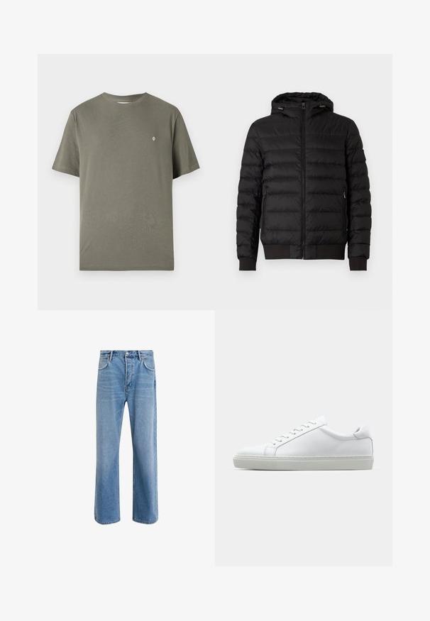 Zwart gewatteerd pufferjack met capuchon, volledige rits aan de voorkant, ritszakken aan de zijkanten en ribgebreide manchetten en onderrand.; Lichtbeige gebreide pullover met een kwart rits, ribbelkraag, manchetten en onderrand, voorzien van een kleine patch op de linkermouw.; Olijfgroene katoenen t-shirt met een ronde hals, korte mouwen en een klein wit logo op de borst. Eenvoudig, onversierd ontwerp.; Lichtblauwe denim jeans met een straight-leg ontwerp, vijf zakken, knoopsluiting, minimale vervaging en contrasterende stikseldetails.; Witte sneaker met een gladlederen bovenwerk en een laag profiel. Voorzien van een ronde neus, zes vetergaatjes en een gestructureerde rubberen zool.