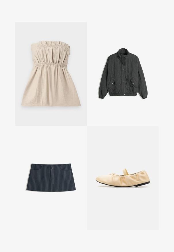 Černá prošívaná bunda s vysokým límcem, předním zapínáním na cvoky, dvěma klopovými kapsami se cvokovými uzávěry a elastickými manžetami a lemem.; Bezramenný béžový top s nabranou strukturou, elastickým páskem nahoře a v pase a volným střihem. Lehce průsvitná látka s jemným leskem.; Námořnicky modrá mini sukně s proužky, předními kapsami a jedním knoflíkem na zavírání v pase.; Proenza Schouler GLOVE BALLET FLATS - Baleríny s páskem - light/pastel yellow