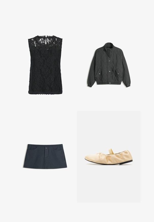 Czarna pikowana kurtka z wysokim kołnierzem, zapięciem na zatrzaski z przodu, dwoma kieszeniami z klapami zapinanymi na zatrzaski oraz elastycznymi mankietami i dołem.; Czarny koronkowy, bezrękawnik z kwiatowym wzorem, falbaniastym dekoltem i otwartym plecami. Lekki materiał o teksturowanym wykończeniu.; Granatowa spódnica mini w paski z przednimi kieszeniami i pojedynczym zapięciem na guzik w talii.; Proenza Schouler - Baleriny z zapięciem