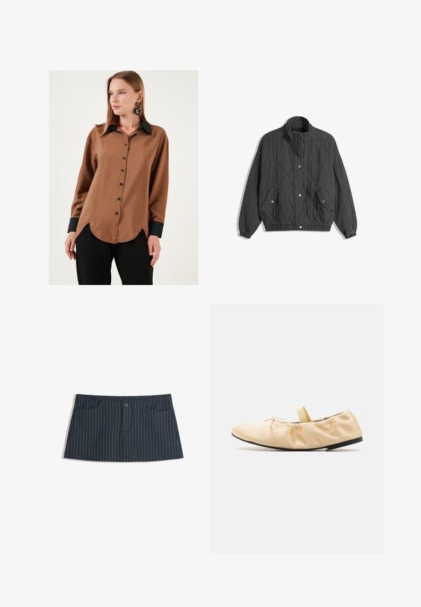 Zwarte gewatteerde jas met hoge kraag, drukknoopsluiting aan de voorkant, twee zakken met klep en drukknoopsluiting, en elastische boorden en zoom.; Bruine satijnen overhemd met zwarte kraag en manchetten, voorzien van een gebogen zoom en zwarte knopen, gedragen met zwarte broek.; Marineblauwe minirok met een streeppatroon, voorzien van voorzakken en een enkele knoopsluiting in de taille.; Proenza Schouler GLOVE BALLET FLATS - Ballerina's met enkelbandjes - light/pastel yellow
