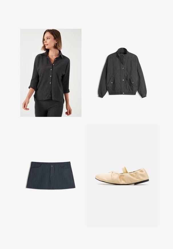 Schwarze gesteppte Jacke mit hohem Kragen, Druckknopfverschluss auf der Vorderseite, zwei Klapptaschen mit Druckknöpfen und elastischen Bündchen sowie Saum.; Schwarzes, strukturiertes Hemd mit langen Ärmeln, die bis zu den Ellbogen gerollt sind, mit Holzknöpfen und klassischem Kragen.; Marineblaues Minirock mit Nadelstreifen, vorderen Taschen und einem einzelnen Knopfverschluss an der Taille.; Proenza Schouler GLOVE BALLET FLATS - Riemchenballerina - light/pastel yellow