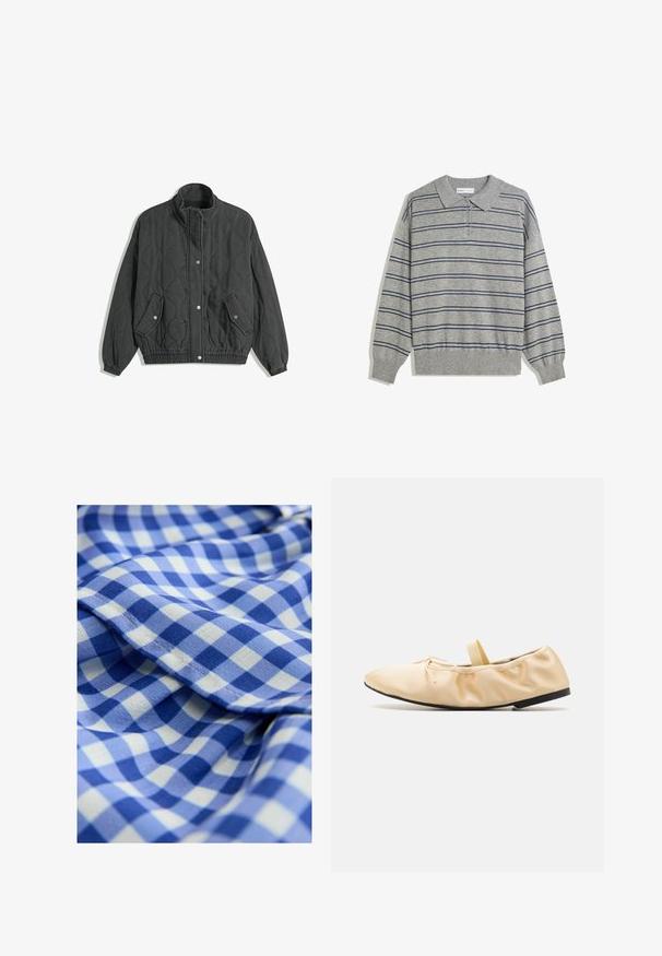 Schwarze gesteppte Jacke mit hohem Kragen, Druckknopfverschluss auf der Vorderseite, zwei Klapptaschen mit Druckknöpfen und elastischen Bündchen sowie Saum.; Grauer langärmeliger Polo-Pullover mit Kragen, der marineblaue horizontale Streifen und eine Knopfleiste am Kragen aufweist. Weiche Textur.; Blau-weißer karierter Stoff mit einer weichen Textur, der kleine Quadrate in wechselnden Blautönen zeigt. Enthält ein gewelltes Kantendetail.; Proenza Schouler GLOVE BALLET FLATS - Riemchenballerina - light/pastel yellow
