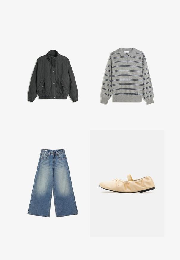 Černá prošívaná bunda s vysokým límcem, předním zapínáním na cvoky, dvěma klopovými kapsami se cvokovými uzávěry a elastickými manžetami a lemem.; Šedý pletený svetr s dlouhým rukávem a límečkem, který má námořnické horizontální pruhy a zapínání na knoflíky u límce. Měkká textura.; Džínové kalhoty s širokými nohavicemi, vybledlou modrou barvou a vysokým pasem, se pěti kapsami a hvězdnou nášivkou na přední pravé kapse.; Proenza Schouler GLOVE BALLET FLATS - Baleríny s páskem - light/pastel yellow