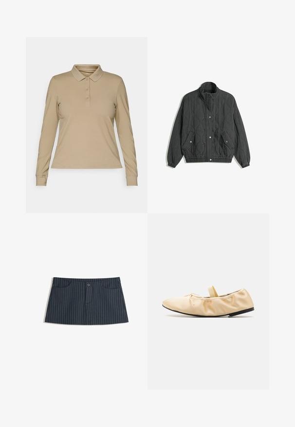 Czarna pikowana kurtka z wysokim kołnierzem, zapięciem na zatrzaski z przodu, dwoma kieszeniami z klapami zapinanymi na zatrzaski oraz elastycznymi mankietami i dołem.; Beżowa koszulka polo z długim rękawem, wykonana z gładkiego materiału, z kołnierzykiem i zapięciem na trzy guziki, z dopasowanymi mankietami i prostym dołem.; Granatowa spódnica mini w paski z przednimi kieszeniami i pojedynczym zapięciem na guzik w talii.; Proenza Schouler - Baleriny z zapięciem