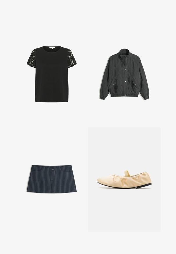 Black quilted jacket with high collar, snap button front, two flap pockets with snap closures, and elastic cuffs and hem.; Black short-sleeve t-shirt with lace detailing on sleeves, smooth texture, round neckline, and a relaxed fit.; Navy blue pinstripe mini skirt with front pockets and a single button closure at the waist.; Proenza Schouler GLOVE BALLET FLATS - Ankle strap ballet pumps - light/pastel yellow