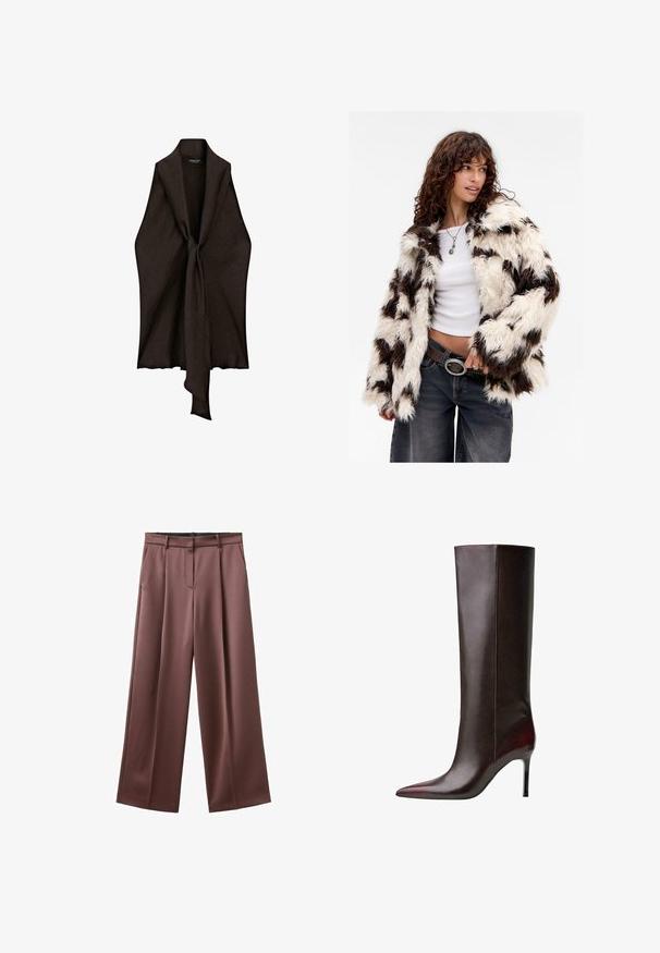 Faux fur jacket with a cream and brown striping pattern, long sleeves, and a relaxed fit, complemented by a white top and dark jeans.; Brown, lightweight garment with an open front and knot detail at the center. Made from textured fabric, it has a flowing, draped shape.; Wide-leg trousers in dark brown fabric with a smooth texture, featuring front pleats and side pockets. Tailored waistband without visible hardware.; Brown leather knee-high boot with a pointed toe design, sleek texture, and a stiletto heel. Seam detailing along the side.