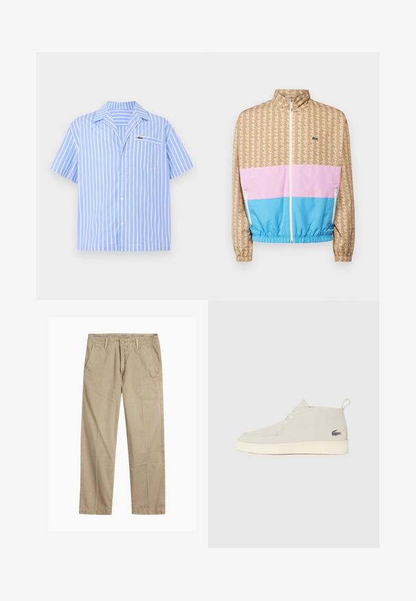 Kerge lukkudega jakki, millel on muster beige ülaosa, roosa ja sinise värvi blokeeritud alumine osa ning elastsed mansetid. Lacoste logo rinnal.; Hele halli lühikeste varrukatega nööbitav särk, millel on valged vertikaalsed triibud ja esipockets väikese tikandi krokodilliga.; Beeži sirged säärte chinos-püksid, millel on vööloopide, esipainutatud nupud ja tõmblukk ning kaldega esikotid.; Heledad hall Suede säärebootsid, ümara ninaga, valge kummist tallaga ja peene logodetailiga küljel. Omab nööridega sulgemist.
