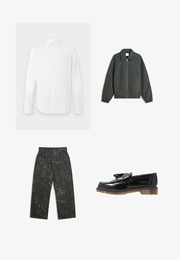 Gray zip-up jacket with a collared neckline, raglan sleeves, elastic cuffs, and gathered waist detailing. Made of textured fabric.; Gray knit sweater with a crew neckline, ribbed cuffs and hem, featuring a relaxed fit and soft texture.; White long-sleeve shirt made of textured fabric, featuring a classic collar, button front, and straight hemline, with a relaxed fit.; Dark gray denim trousers with a loose fit, featuring subtle mottled patterns and metal hardware accents. Five-pocket design.; Black patent leather loafers with a braided design, tassel accent, and a chunky, textured rubber sole. Side view showcases sleek silhouette.